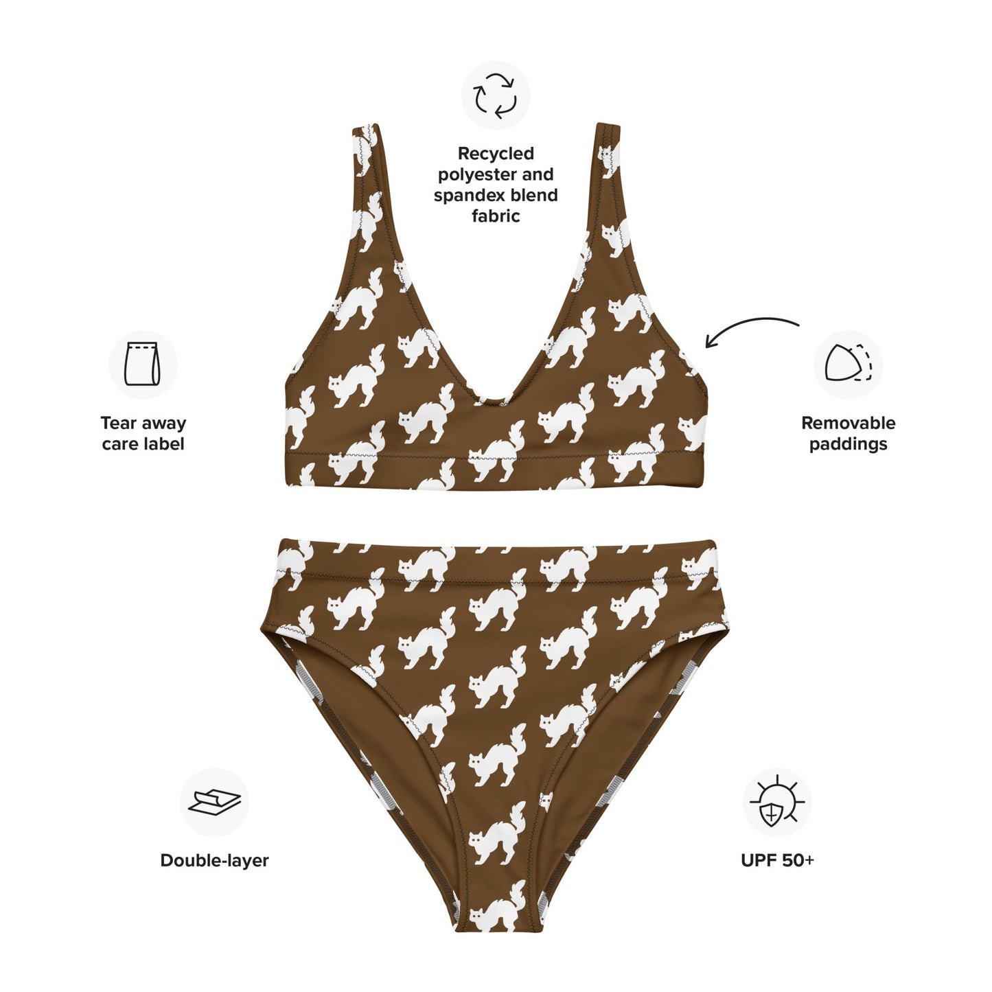 Women's high - waisted bikini Set White Cat Pattern Brown Two Piece Swimsuit Bathing Suit tummy control Bathing Suit - PratSN