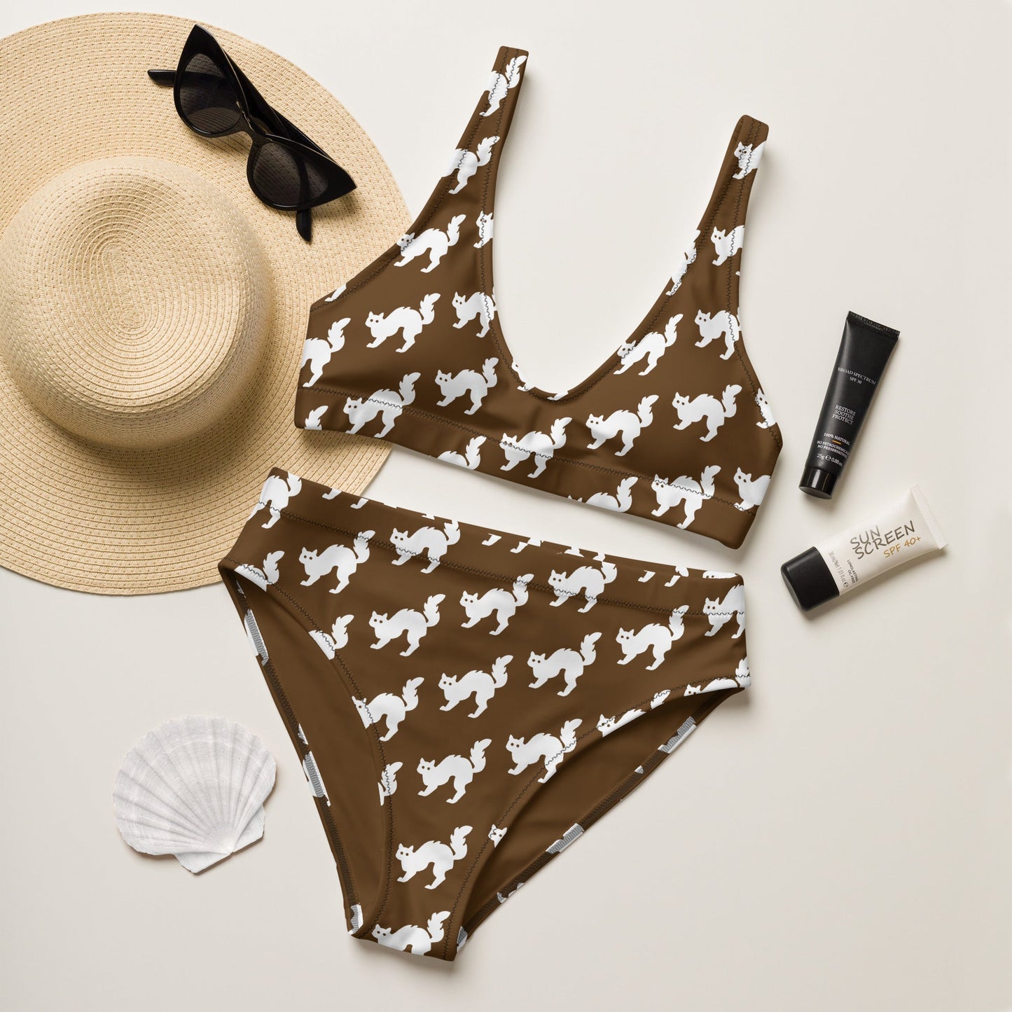 Women's high - waisted bikini Set White Cat Pattern Brown Two Piece Swimsuit Bathing Suit tummy control Bathing Suit - PratSN
