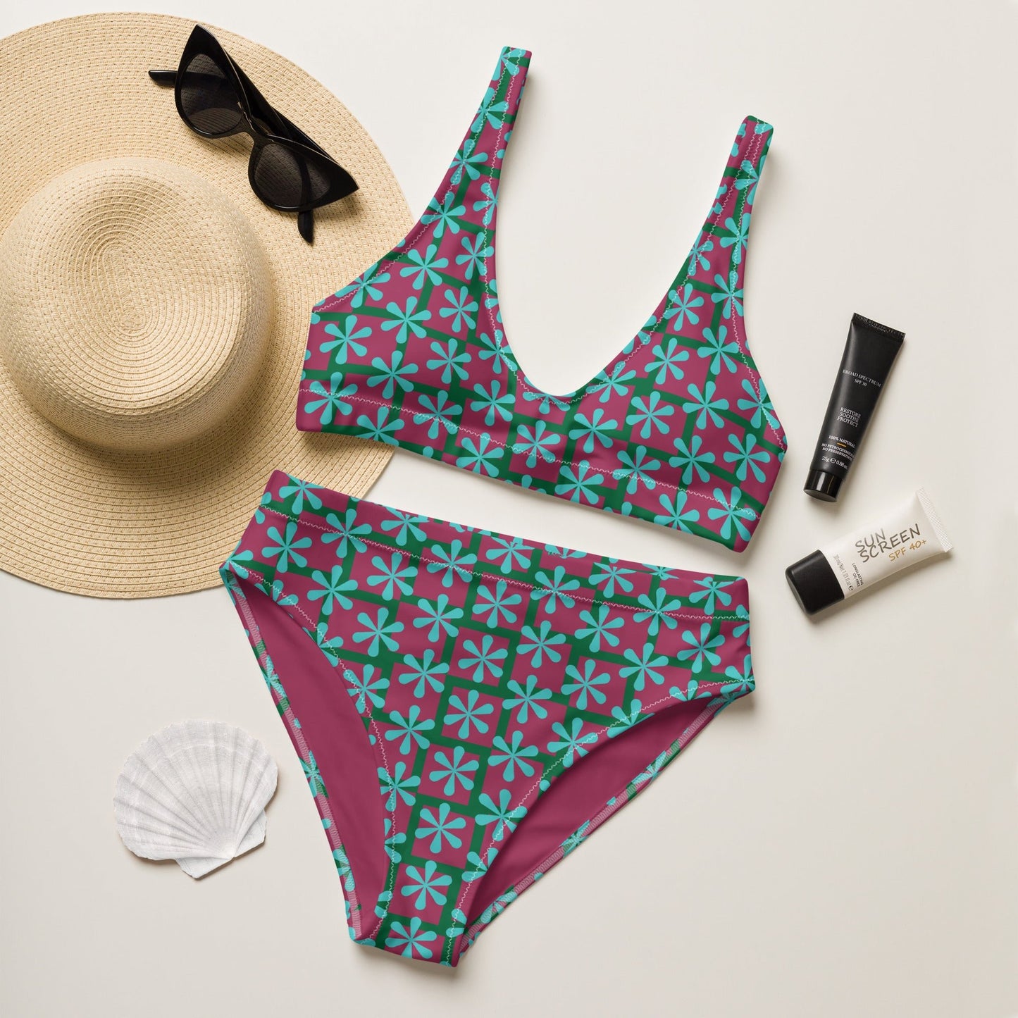 Women's high - waisted bikini, Sky Blue Pink swimwear, classic beach dress - PratSN