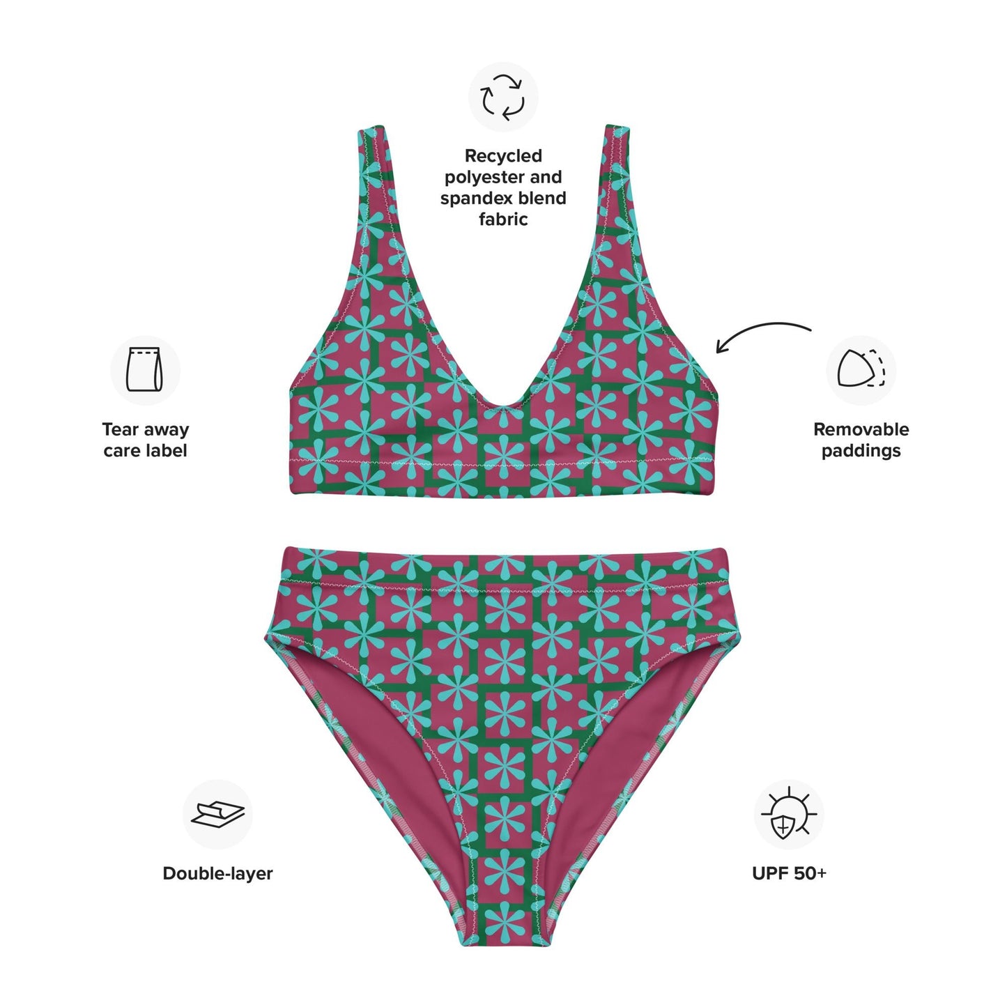 Women's high - waisted bikini, Sky Blue Pink swimwear, classic beach dress - PratSN