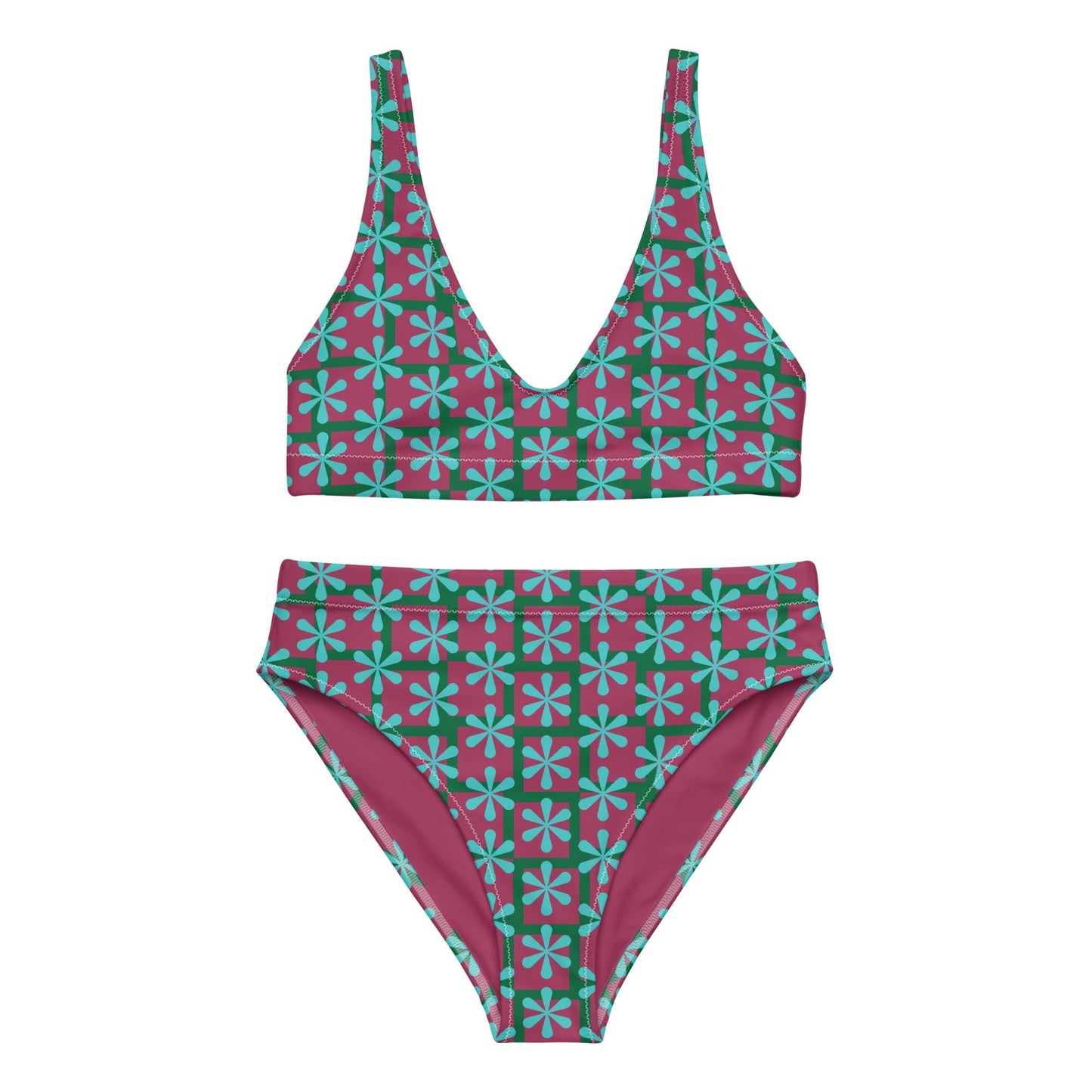 Women's high - waisted bikini, Sky Blue Pink swimwear, classic beach dress - PratSN