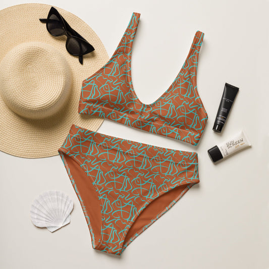 Women's high - waisted bikini, squiggles Pattern, Tenne Two Piece Swimsuits Tummy control bathing Suit - PratSN