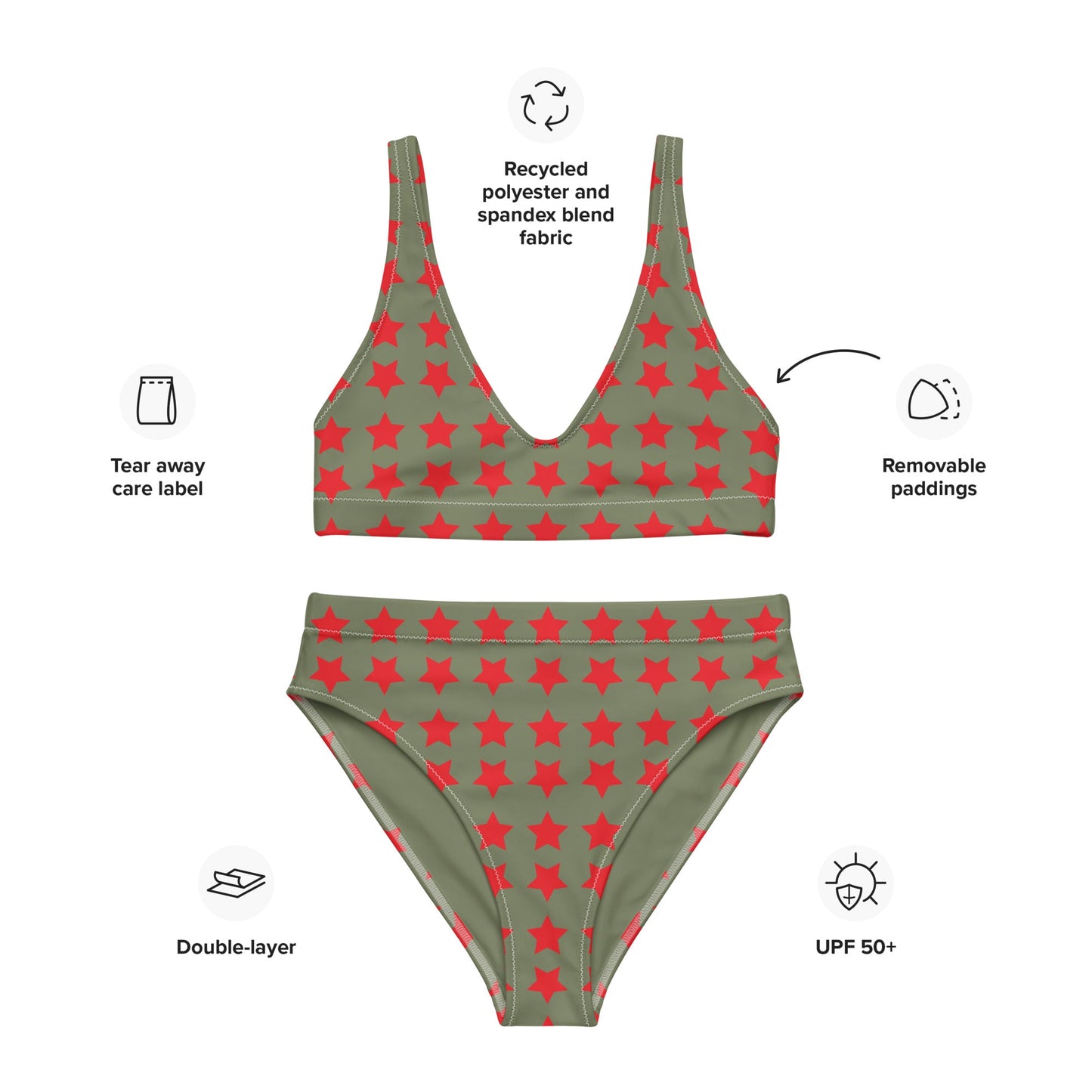 Women's high - waisted bikini Star Pattern Alizarin Red Two Piece Swimsuits Tummy control bathing Suit - PratSN