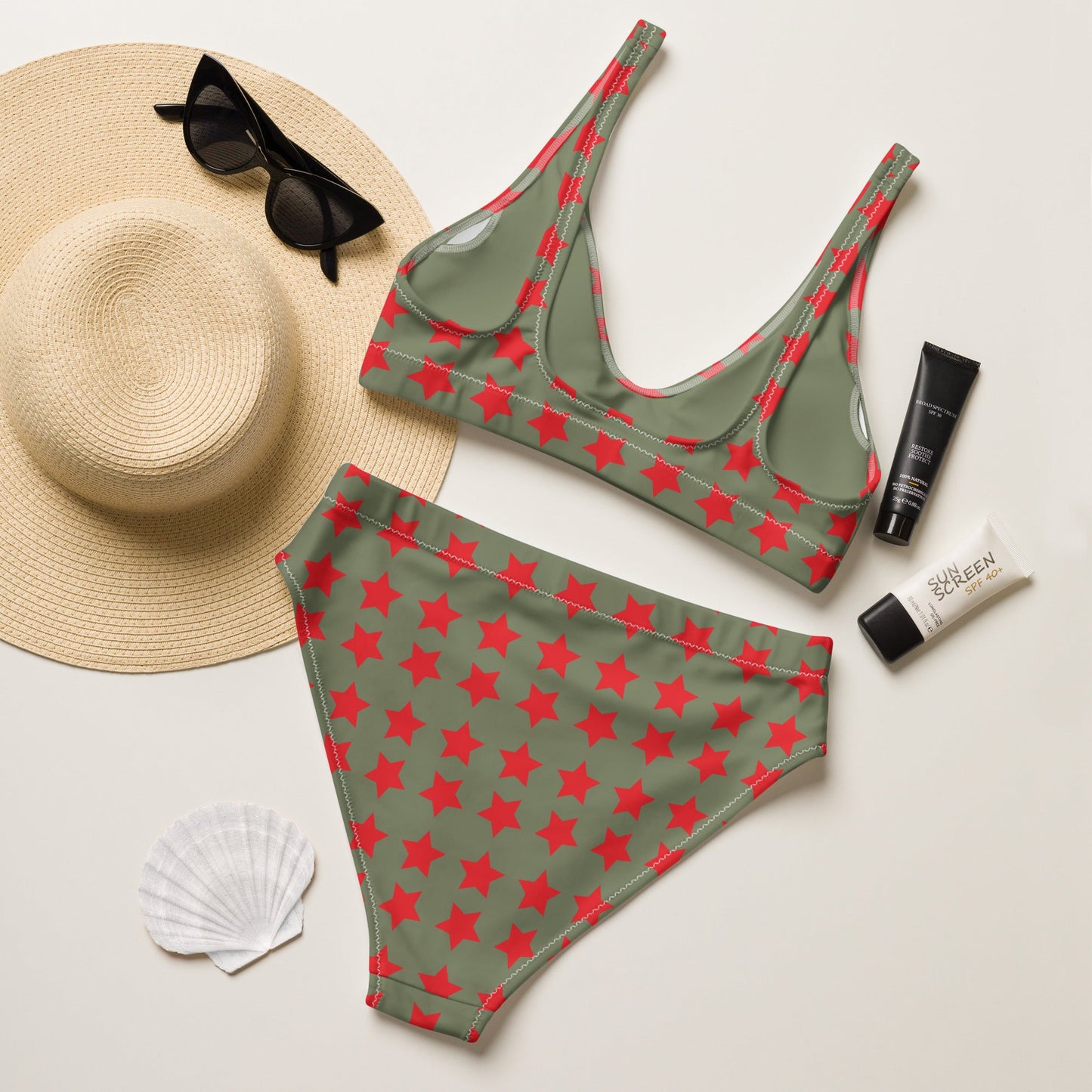 Women's high - waisted bikini Star Pattern Alizarin Red Two Piece Swimsuits Tummy control bathing Suit - PratSN