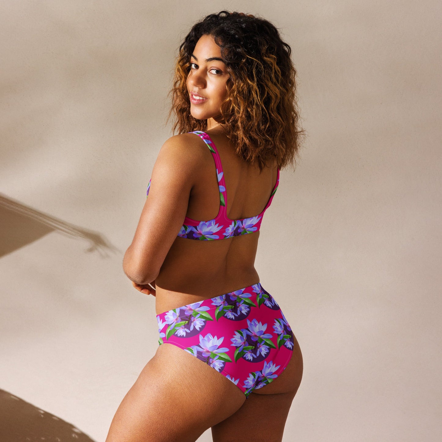 Women's high - waisted bikini, Violet Red and Purple Floral Two Piece Swimsuits, Tummy control bathing Suit - PratSN
