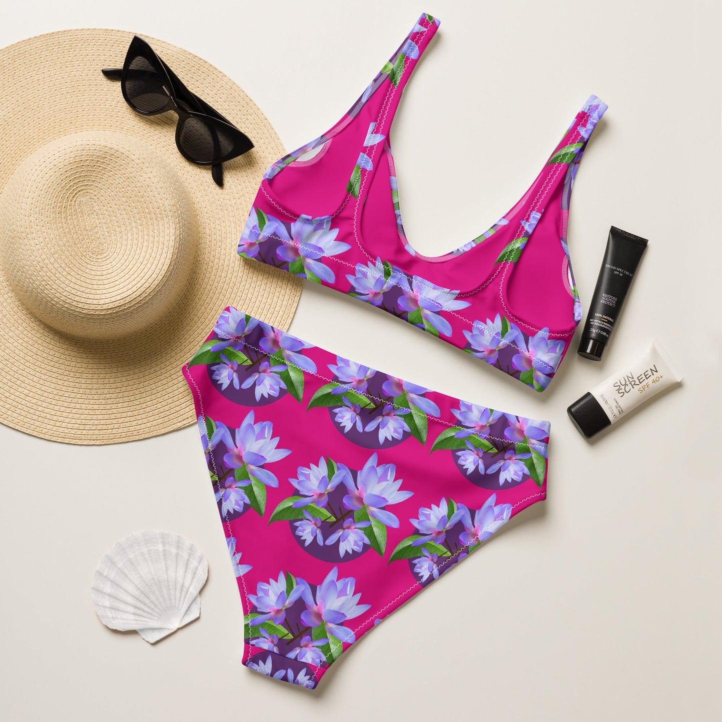 Women's high - waisted bikini, Violet Red and Purple Floral Two Piece Swimsuits, Tummy control bathing Suit - PratSN