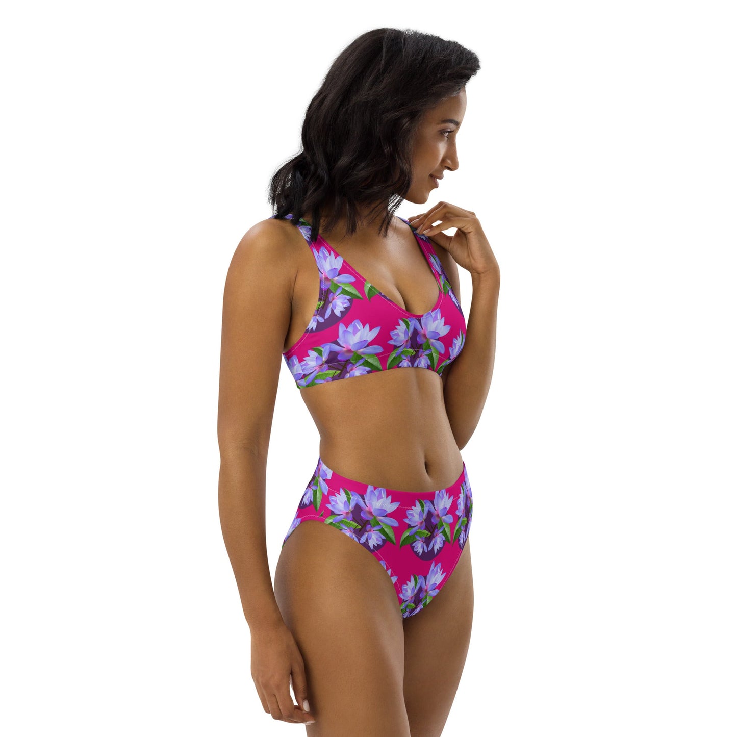 Women's high - waisted bikini, Violet Red and Purple Floral Two Piece Swimsuits, Tummy control bathing Suit - PratSN