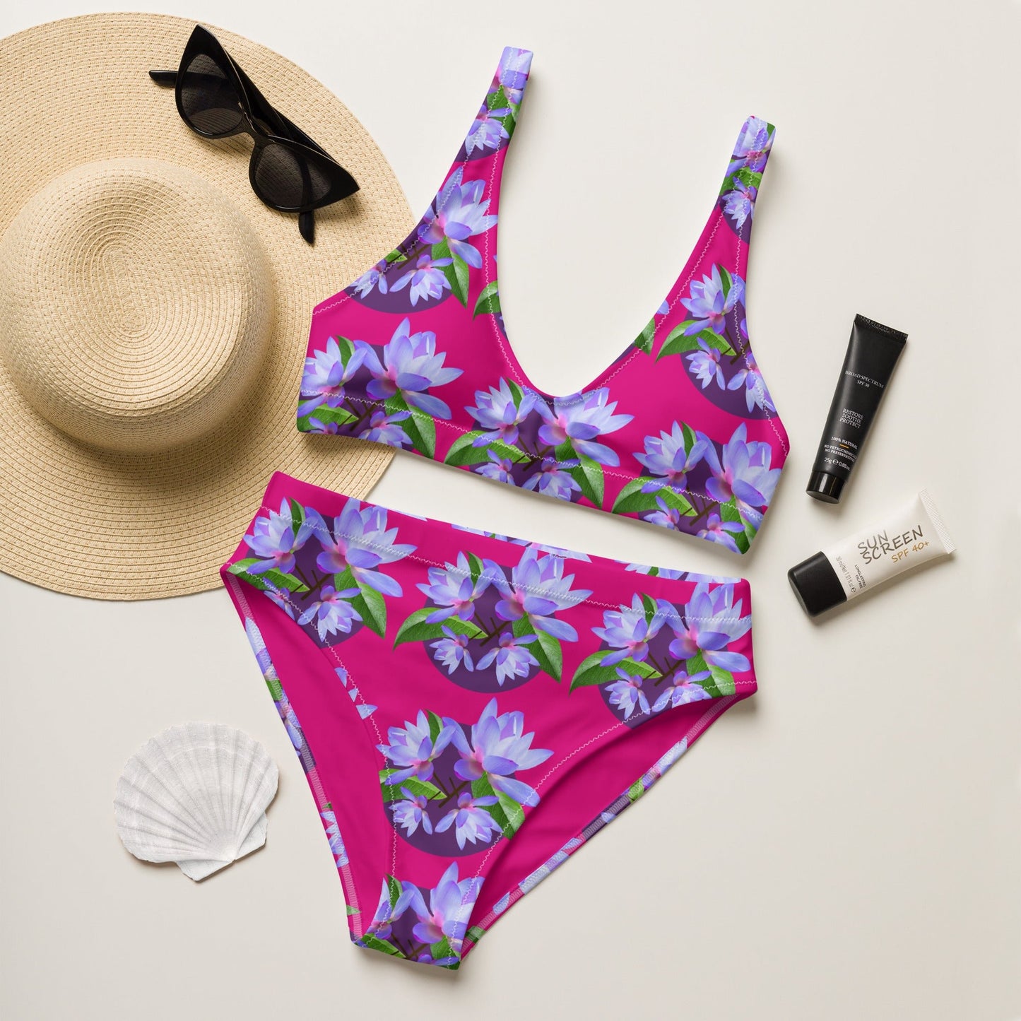 Women's high - waisted bikini, Violet Red and Purple Floral Two Piece Swimsuits, Tummy control bathing Suit - PratSN