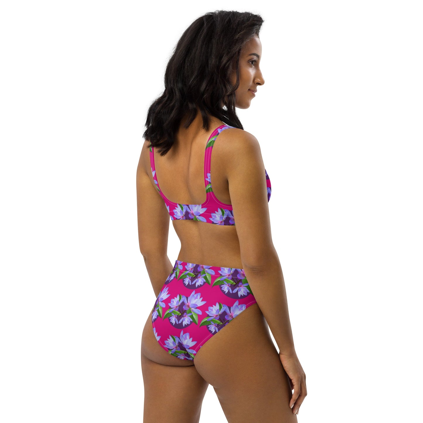 Women's high - waisted bikini, Violet Red and Purple Floral Two Piece Swimsuits, Tummy control bathing Suit - PratSN