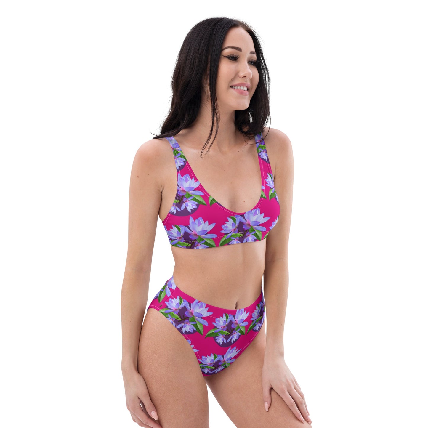 Women's high - waisted bikini, Violet Red and Purple Floral Two Piece Swimsuits, Tummy control bathing Suit - PratSN