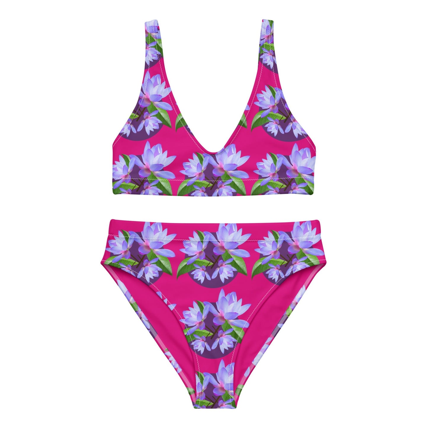 Women's high - waisted bikini, Violet Red and Purple Floral Two Piece Swimsuits, Tummy control bathing Suit - PratSN