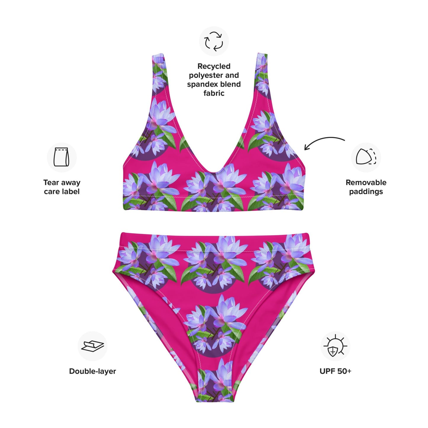 Women's high - waisted bikini, Violet Red and Purple Floral Two Piece Swimsuits, Tummy control bathing Suit - PratSN