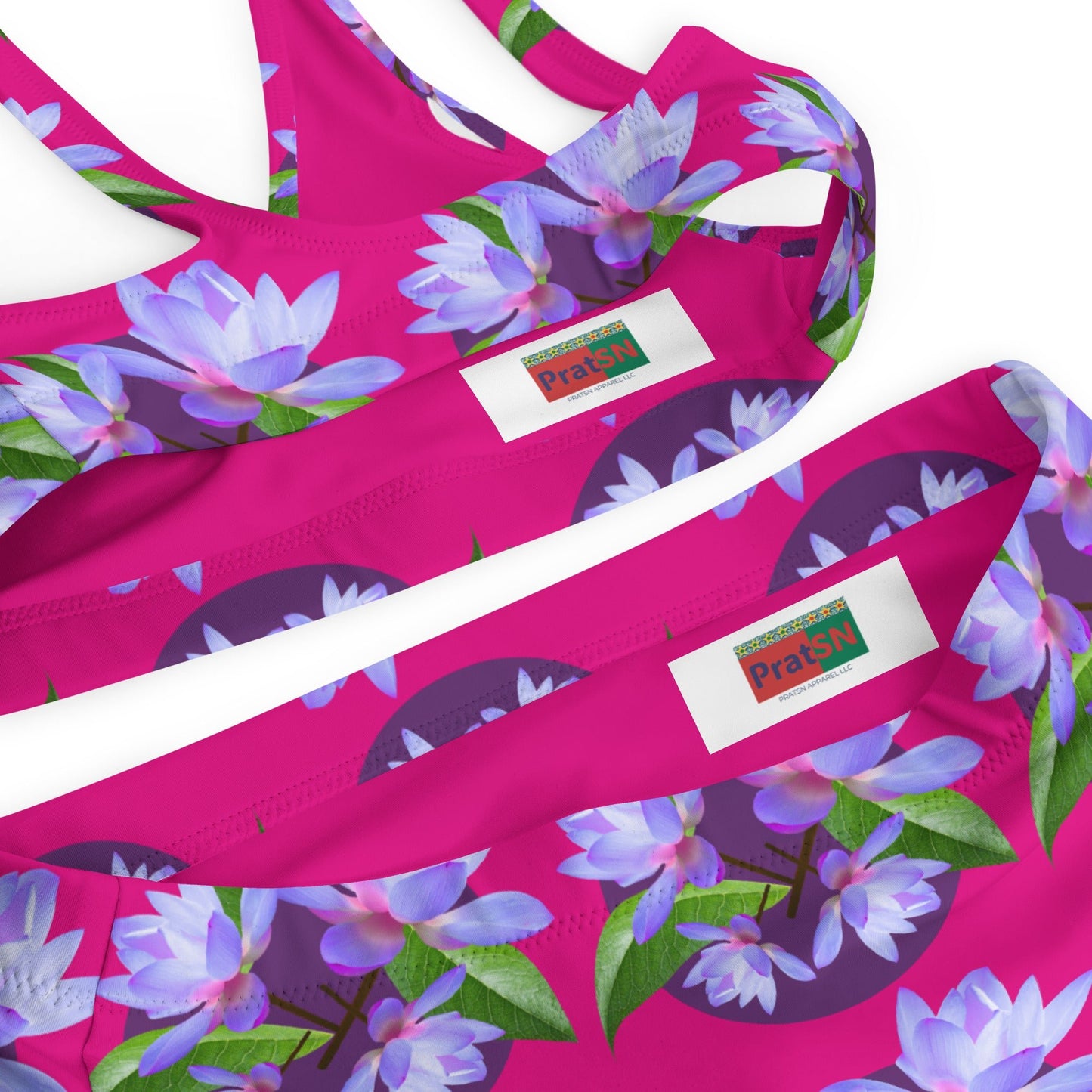 Women's high - waisted bikini, Violet Red and Purple Floral Two Piece Swimsuits, Tummy control bathing Suit - PratSN