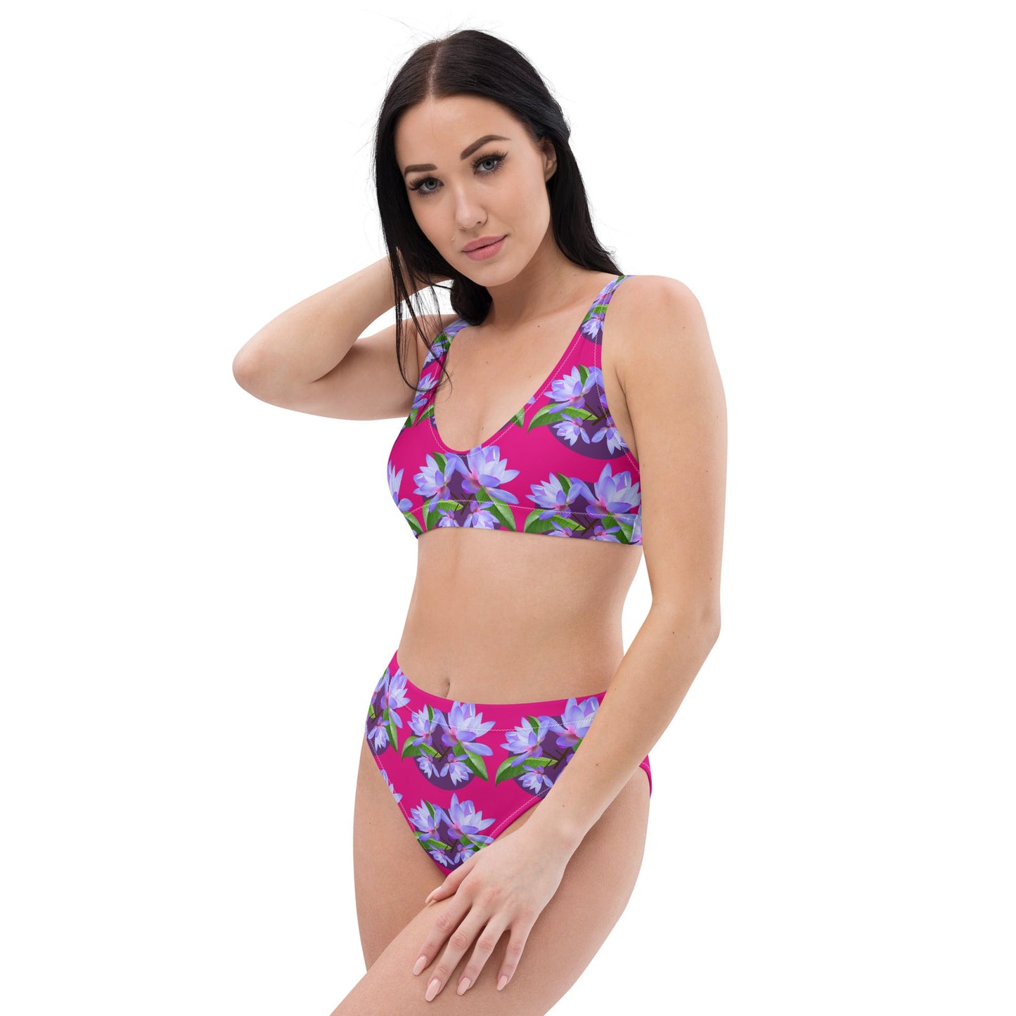 Women's high - waisted bikini, Violet Red and Purple Floral Two Piece Swimsuits, Tummy control bathing Suit - PratSN