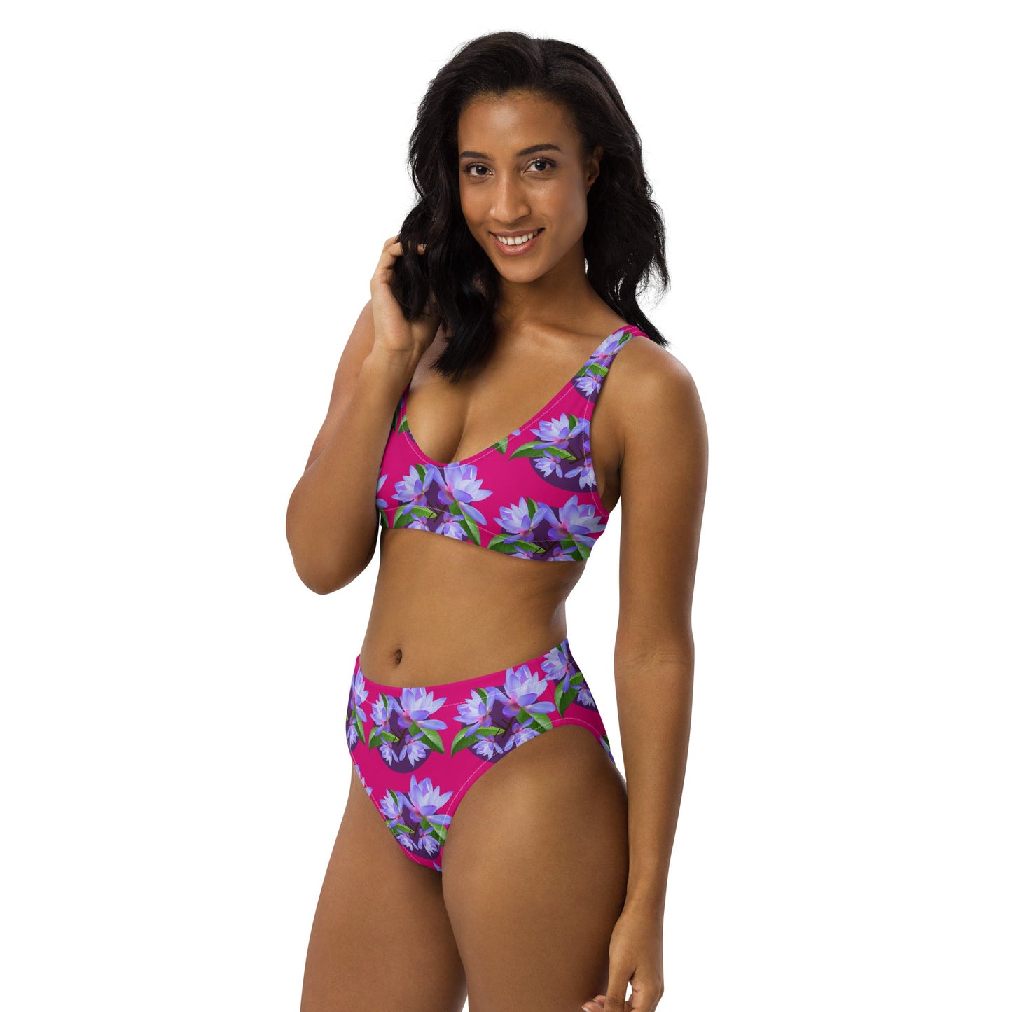 Women's high - waisted bikini, Violet Red and Purple Floral Two Piece Swimsuits, Tummy control bathing Suit - PratSN
