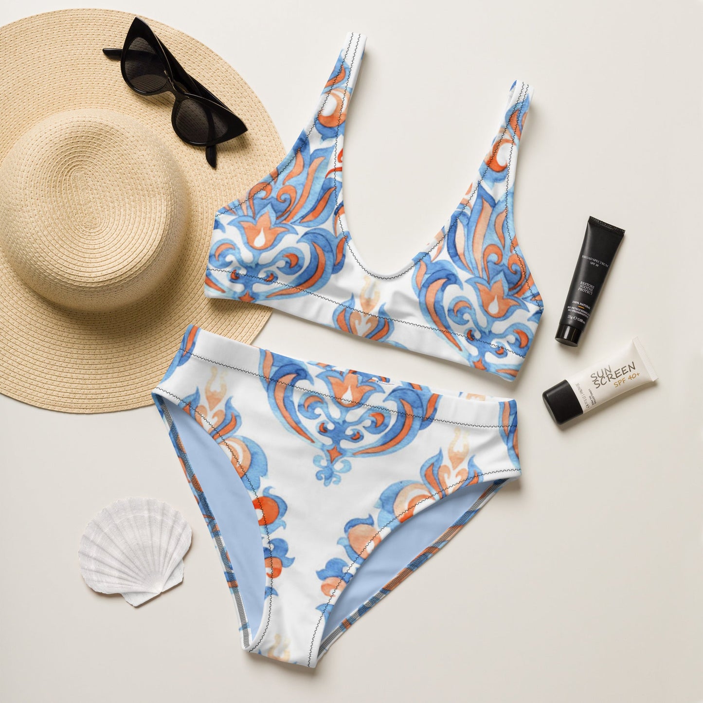 Women's high - waisted bikini, White Sky Blue Swimwear, Swimsuit for Women Vacation Beachwear Cruise Swimsuit, Bikini, Gift Bathing Suit - PratSN