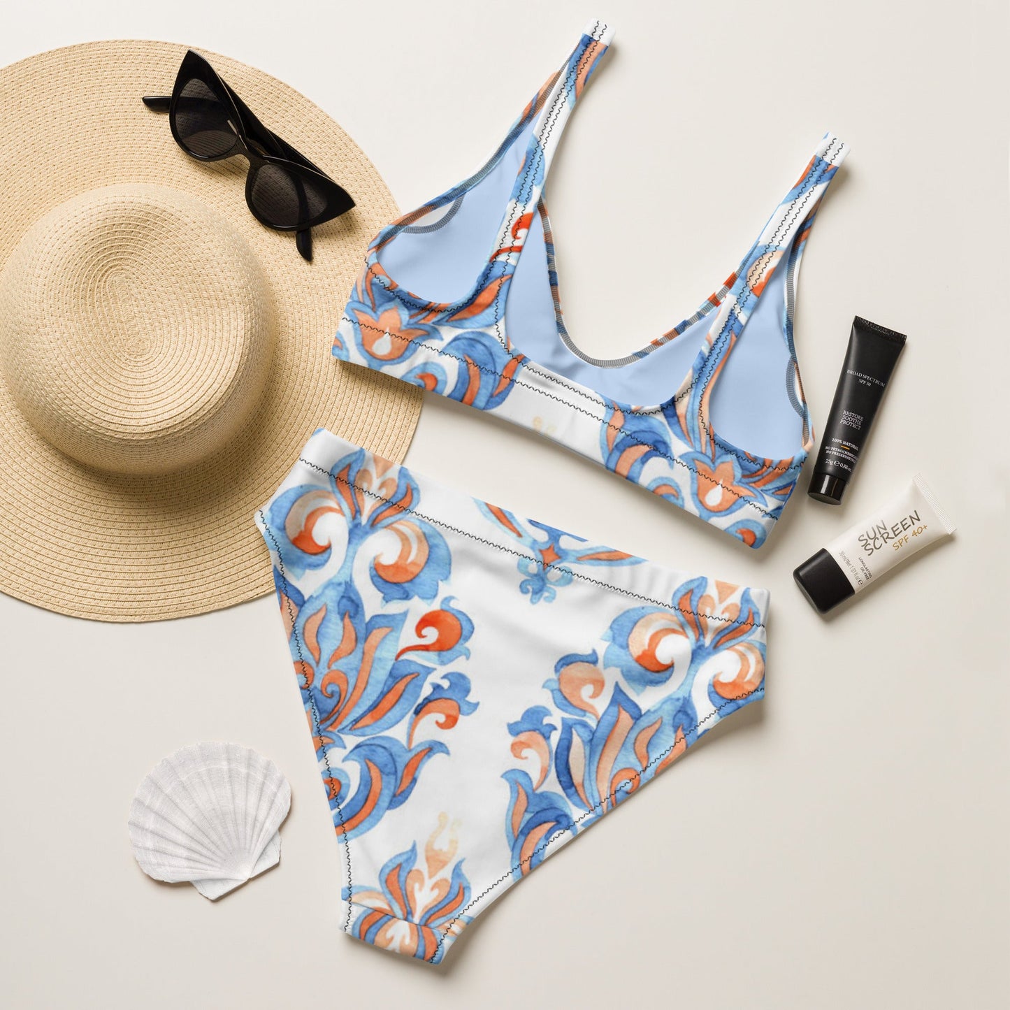 Women's high - waisted bikini, White Sky Blue Swimwear, Swimsuit for Women Vacation Beachwear Cruise Swimsuit, Bikini, Gift Bathing Suit - PratSN