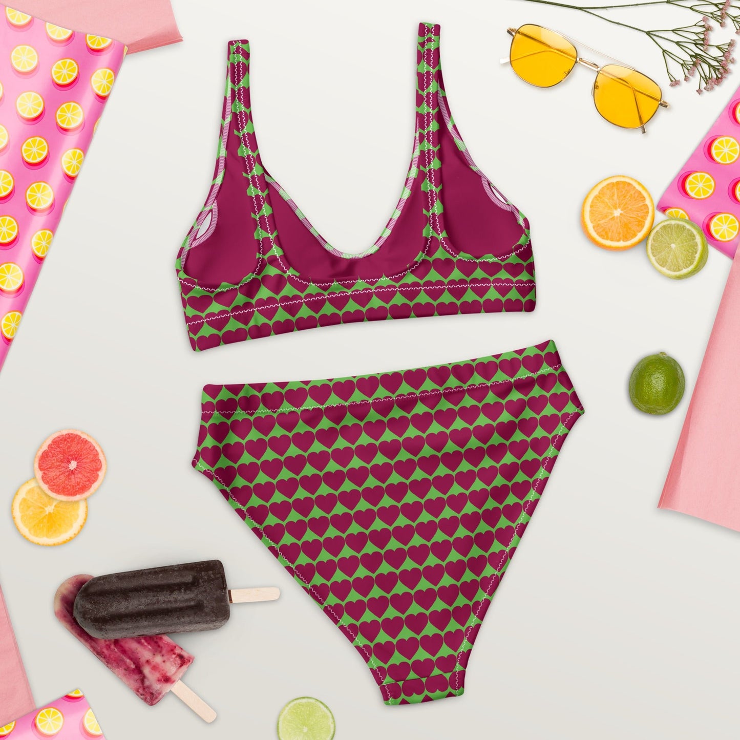 Women's high - waisted Love Pattern bikini Kelly Green Burgundy Two Piece Swimsuits Tummy control bathing Suit Swimwear, classic beach dress - PratSN