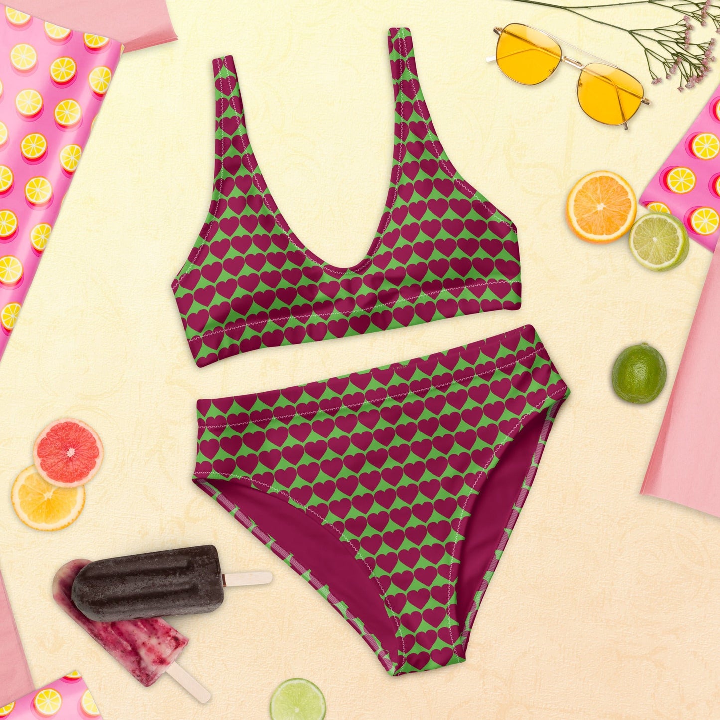 Women's high - waisted Love Pattern bikini Kelly Green Burgundy Two Piece Swimsuits Tummy control bathing Suit Swimwear, classic beach dress - PratSN