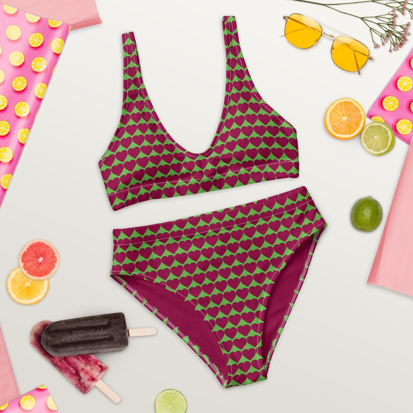 Women's high - waisted Love Pattern bikini Kelly Green Burgundy Two Piece Swimsuits Tummy control bathing Suit Swimwear, classic beach dress - PratSN