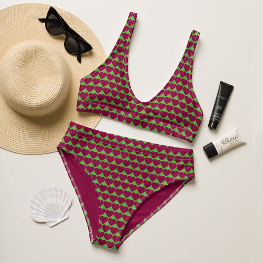 Women's high - waisted Love Pattern bikini Kelly Green Burgundy Two Piece Swimsuits Tummy control bathing Suit Swimwear, classic beach dress - PratSN
