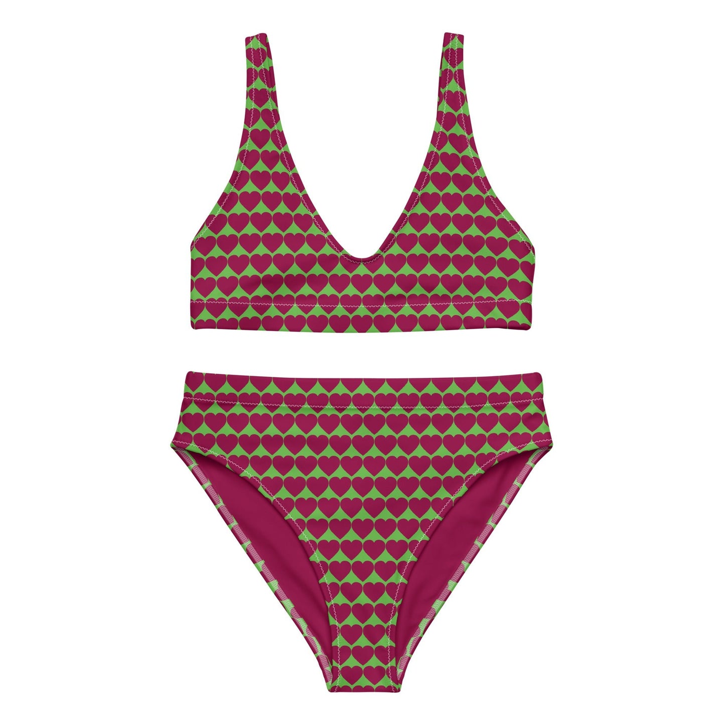 Women's high - waisted Love Pattern bikini Kelly Green Burgundy Two Piece Swimsuits Tummy control bathing Suit Swimwear, classic beach dress - PratSN