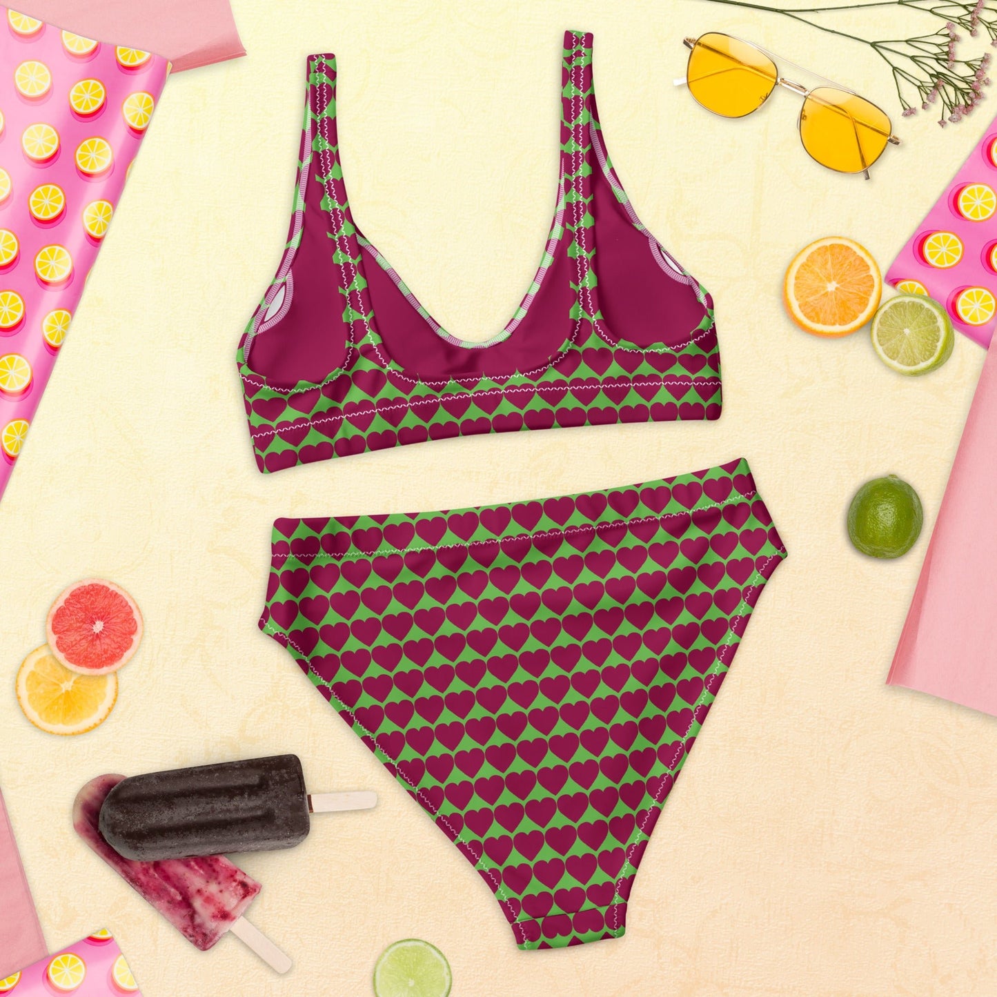 Women's high - waisted Love Pattern bikini Kelly Green Burgundy Two Piece Swimsuits Tummy control bathing Suit Swimwear, classic beach dress - PratSN