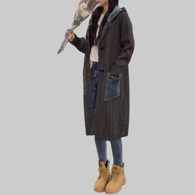women's Hooded Denim Stitching Sweater Mid - length Knitted Cardigan Jacket - PratSN