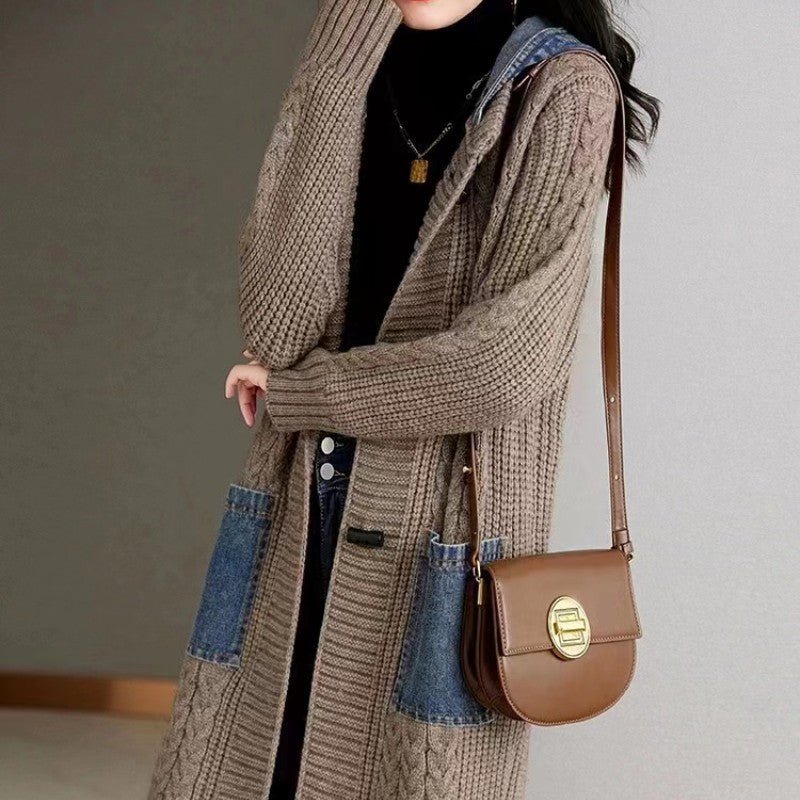 women's Hooded Denim Stitching Sweater Mid - length Knitted Cardigan Jacket - PratSN