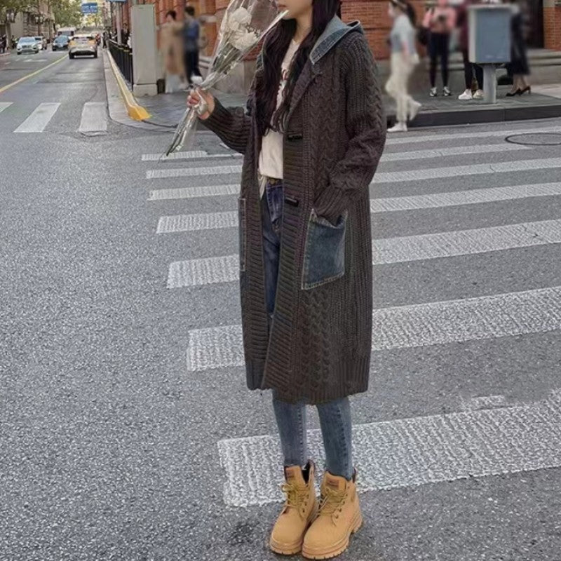 women's Hooded Denim Stitching Sweater Mid - length Knitted Cardigan Jacket - PratSN