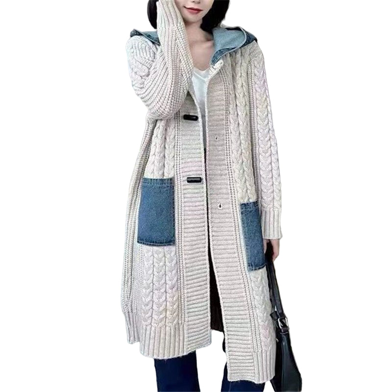 women's Hooded Denim Stitching Sweater Mid - length Knitted Cardigan Jacket - PratSN