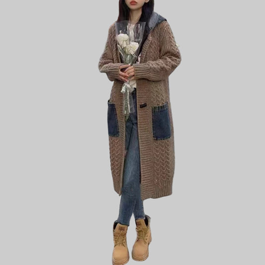 women's Hooded Denim Stitching Sweater Mid - length Knitted Cardigan Jacket - PratSN