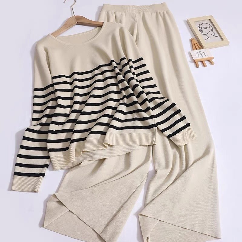 Women's Knitted Two - piece Loose Temperament Slimming Round Neck Long Sleeve Striped Top High Waist Wide Leg Trousers - PratSN