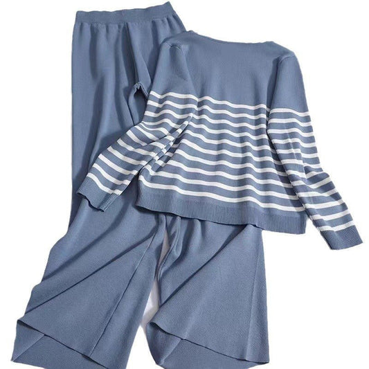 Women's Knitted Two - piece Loose Temperament Slimming Round Neck Long Sleeve Striped Top High Waist Wide Leg Trousers - PratSN