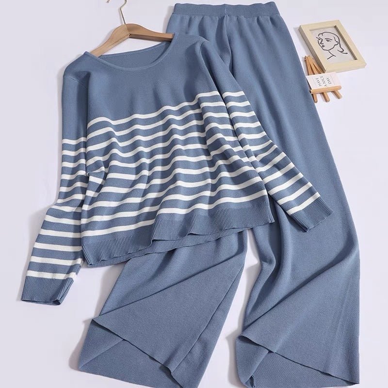Women's Knitted Two - piece Loose Temperament Slimming Round Neck Long Sleeve Striped Top High Waist Wide Leg Trousers - PratSN