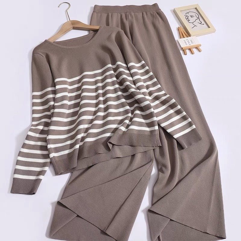 Women's Knitted Two - piece Loose Temperament Slimming Round Neck Long Sleeve Striped Top High Waist Wide Leg Trousers - PratSN