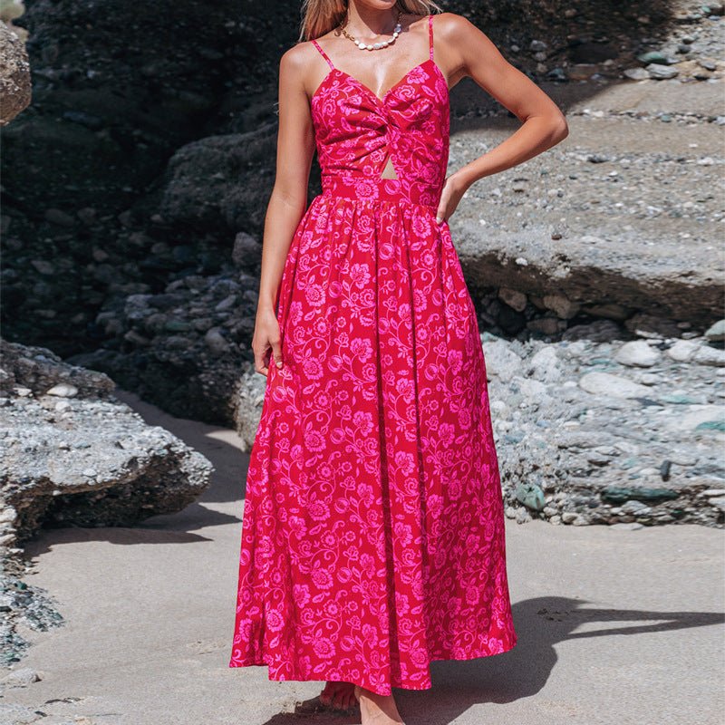 Women's Knotted V - neck Long Dress - PratSN