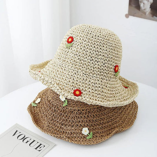 Women's Korean Style Straw Bucket Hat Floral Adjustable Sun Protection Sun Hat, Breathable Foldable Beach Hat for Summer Outdoor - PratSN