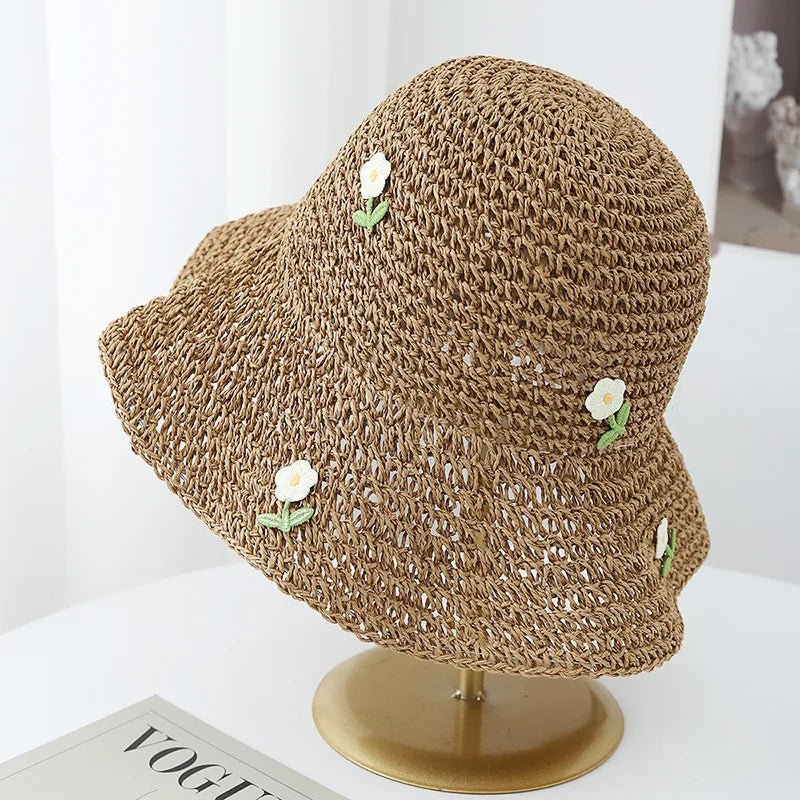 Women's Korean Style Straw Bucket Hat Floral Adjustable Sun Protection Sun Hat, Breathable Foldable Beach Hat for Summer Outdoor - PratSN