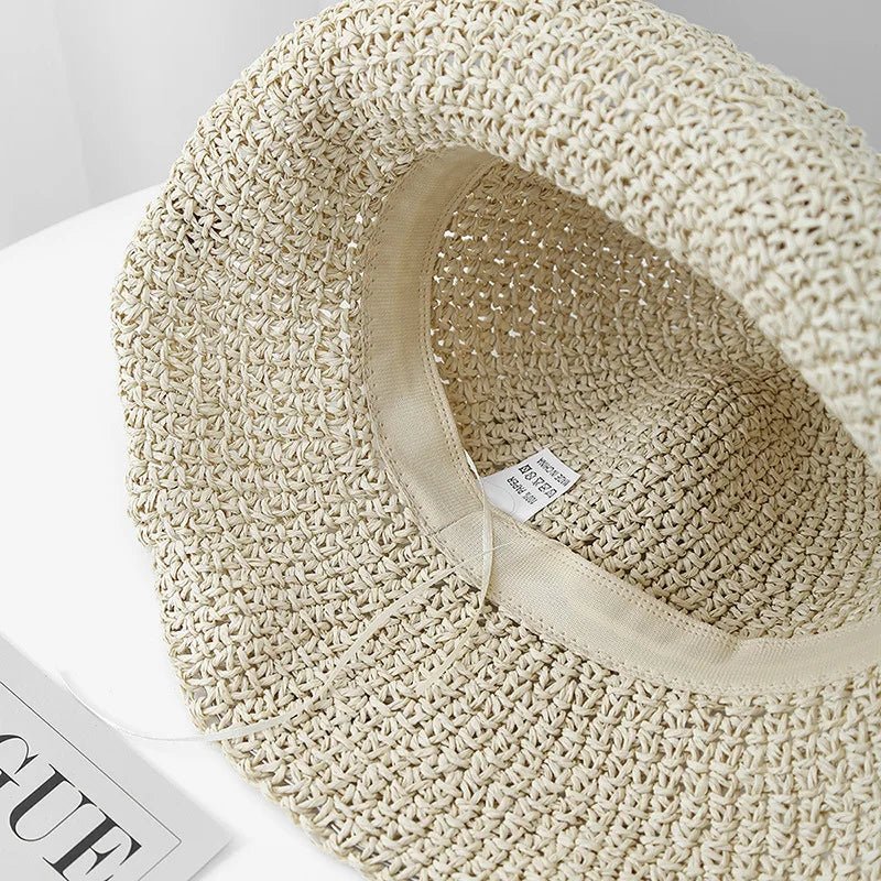 Women's Korean Style Straw Bucket Hat Floral Adjustable Sun Protection Sun Hat, Breathable Foldable Beach Hat for Summer Outdoor - PratSN