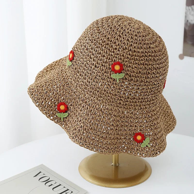 Women's Korean Style Straw Bucket Hat Floral Adjustable Sun Protection Sun Hat, Breathable Foldable Beach Hat for Summer Outdoor - PratSN