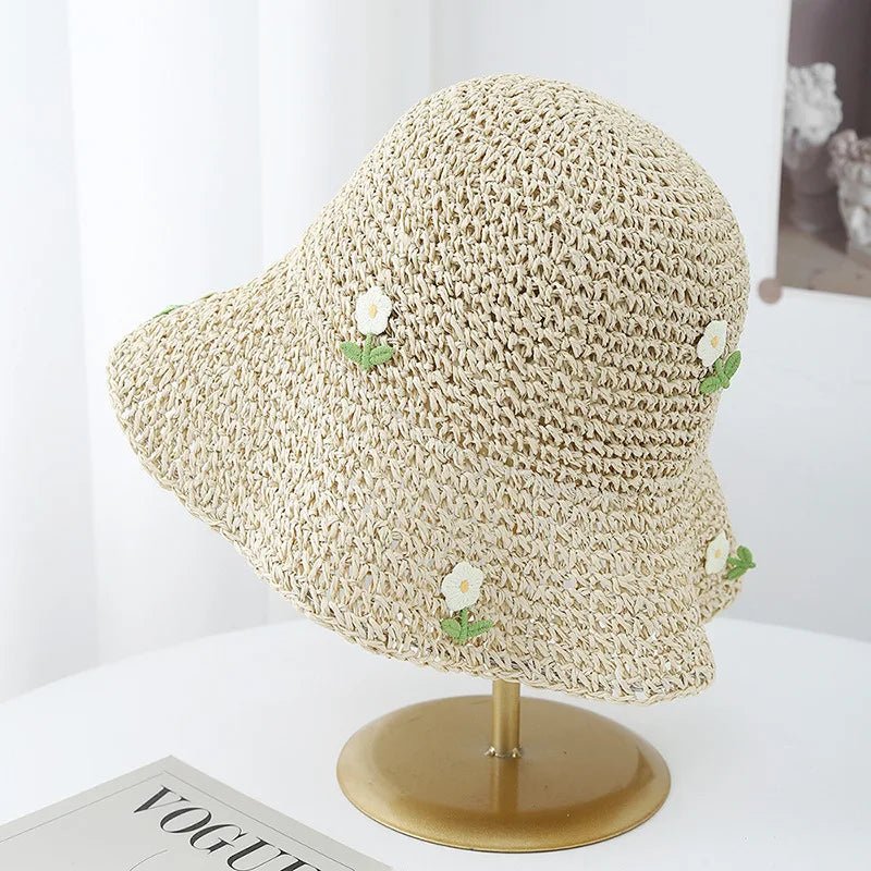 Women's Korean Style Straw Bucket Hat Floral Adjustable Sun Protection Sun Hat, Breathable Foldable Beach Hat for Summer Outdoor - PratSN