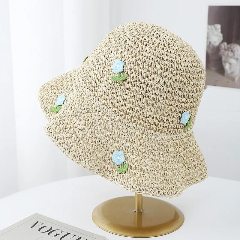 Women's Korean Style Straw Bucket Hat Floral Adjustable Sun Protection Sun Hat, Breathable Foldable Beach Hat for Summer Outdoor - PratSN
