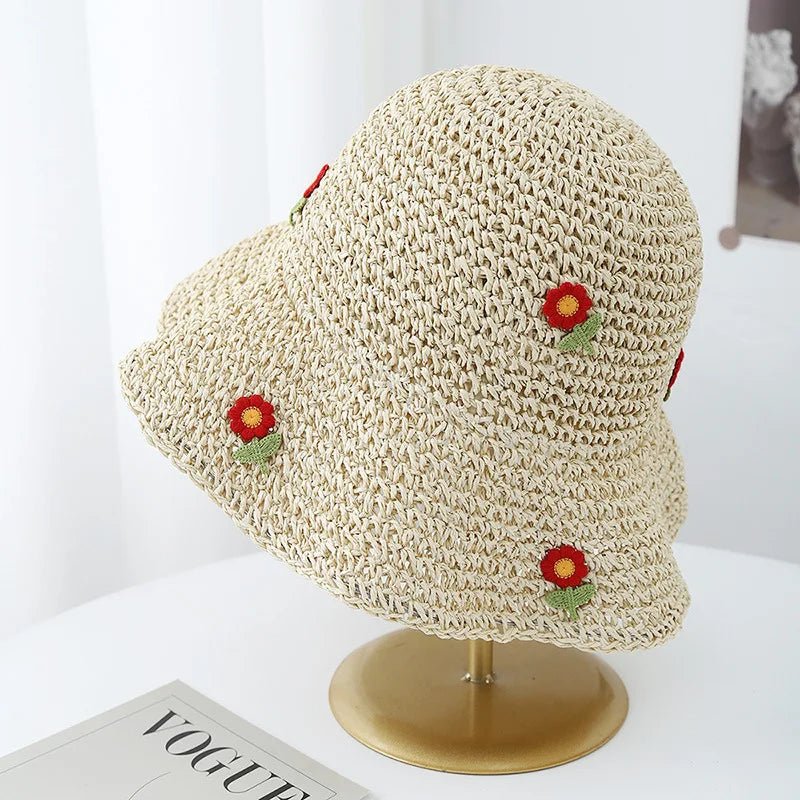 Women's Korean Style Straw Bucket Hat Floral Adjustable Sun Protection Sun Hat, Breathable Foldable Beach Hat for Summer Outdoor - PratSN