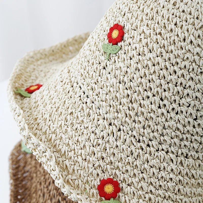 Women's Korean Style Straw Bucket Hat Floral Adjustable Sun Protection Sun Hat, Breathable Foldable Beach Hat for Summer Outdoor - PratSN