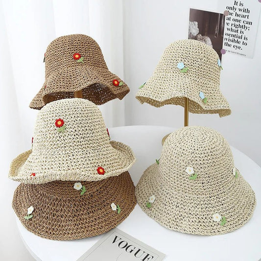 Women's Korean Style Straw Bucket Hat Floral Adjustable Sun Protection Sun Hat, Breathable Foldable Beach Hat for Summer Outdoor - PratSN