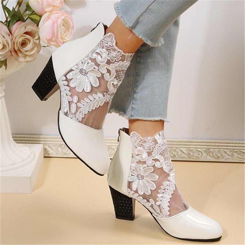 Women's Lace Mesh Chunky Heel Sandals - PratSN