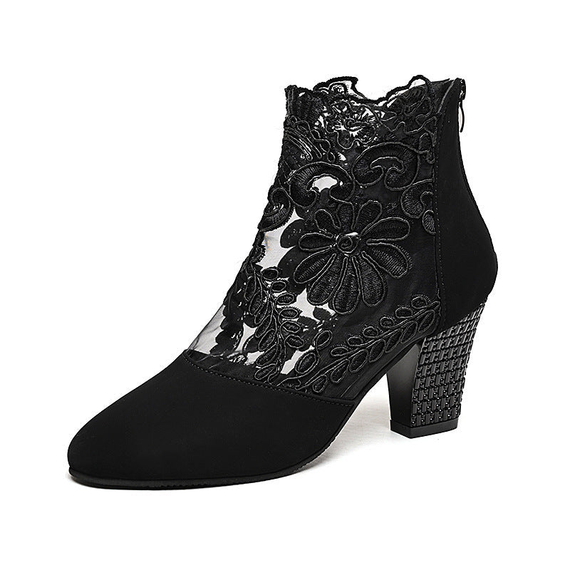 Women's Lace Mesh Chunky Heel Sandals - PratSN