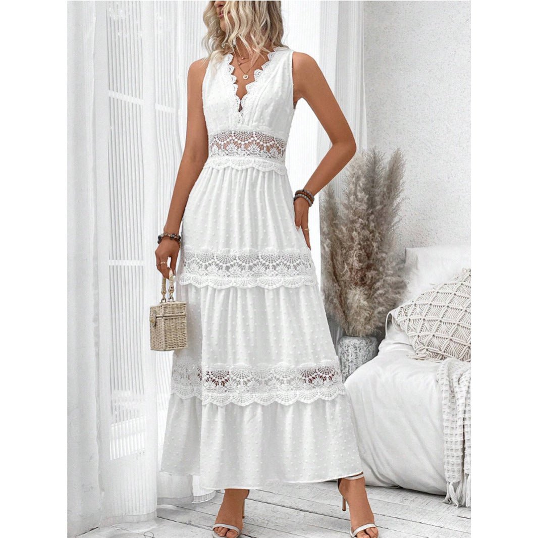 Women's Lace Stitching V - neck Sleeveless Dress - PratSN