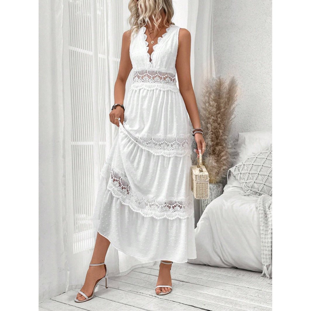 Women's Lace Stitching V - neck Sleeveless Dress - PratSN